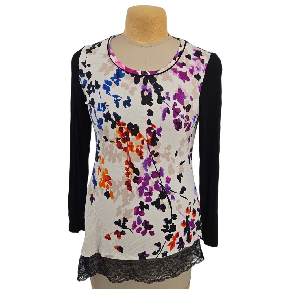 LOGO Lori Goldstein Top S Floral Lace Trim Long Sleeve Tunic Blouse Feminine